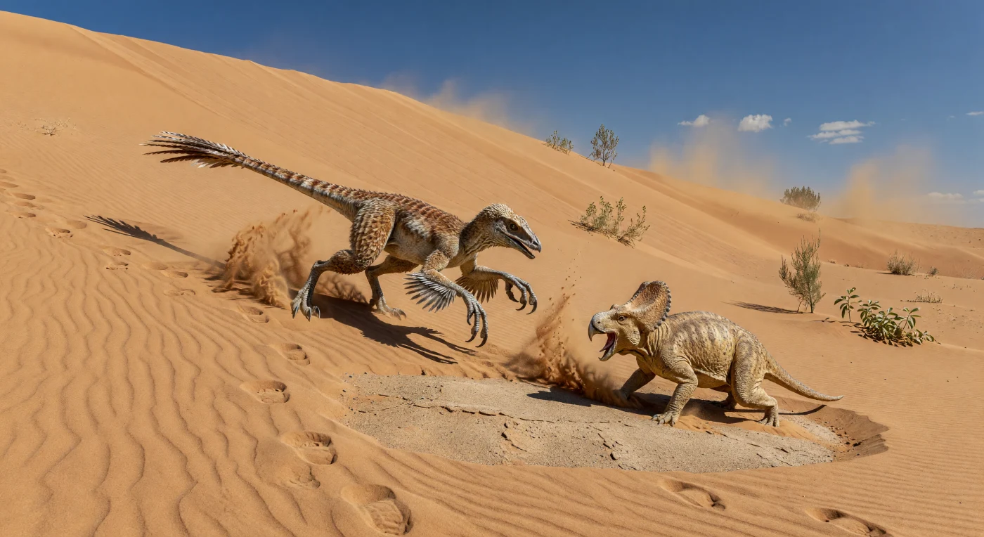 Nas dunas vermelho-douradas da Formação Djadokhta, no sul da Mongólia, vê-se um instante dramático do Campaniano do Cretácico Superior, há cerca de 75–71 milhões de anos: um Velociraptor mongoliensis emplumado lança-se encosta abaixo sobre um Protoceratops andrewsi agachado em posição defensiva. O predador, com cauda rígida para equilíbrio e garras erguidas, contrasta com o corpo robusto e o bico córneo do ceratopsiano, enquanto o vento arrasta areia sobre marcas de ondulação e pegadas recentes. Este ambiente árido de dunas e planícies interdunares, com vegetação escassa de angiospérmicas primitivas e pequenos coníferos, ajuda a explicar por que a Mongólia preservou alguns dos fósseis mais célebres de interações entre dinossauros em pleno combate.