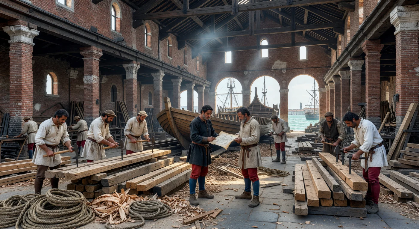 Inside the soaring, soot-stained halls of the Venetian Arsenale, skilled shipwrights known as arsenalotti assemble the massive oak frame of a galley, the backbone of the Republic’s maritime empire. This 15th-century industrial complex was the largest of its kind in Europe, utilizing standardized parts and specialized labor to produce warships with unprecedented efficiency. The scene captures the intersection of artisanal craftsmanship and early industrial scale, featuring period-accurate tools like iron adzes and hand-cranked augers amidst a landscape of raw timber and hemp cordage.