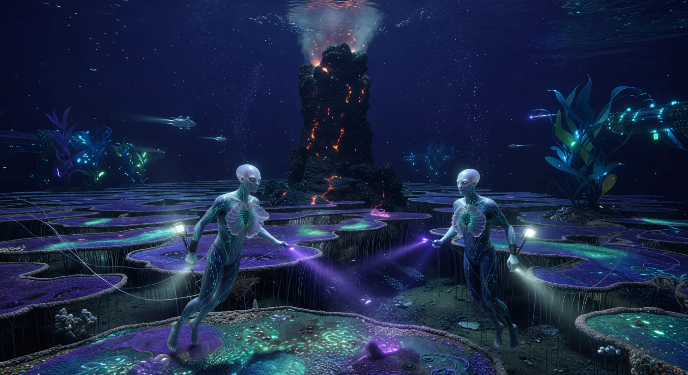 'महान विचलन' काल (2200-2500 ईस्वी) के दौरान यूरोपा के बर्फीले आवरण से 100 किलोमीटर नीचे, *होमो एडेप्टस* (Homo adaptus) प्रजाति के कर्मी ज्वालामुखीय 'स्मोकर' वेंट से निकलने वाली ऊष्मा का उपयोग कर रसो-संश्लेषित जीवाणुओं की खेती कर रहे हैं। इस दृश्य में खनिज-युक्त सीढ़ियों पर बैंगनी और मरकती आभा वाले बैक्टीरिया के कालीन बिछे हैं, जो बृहस्पति की ज्वारीय शक्ति से संचालित इस गहरे समुद्री पारिस्थितिकी तंत्र का पोषण करते हैं। शाश्वत अंधेरे में जीवित रहने के लिए इन मानवों में फेफड़ों के स्थान पर गलफड़े और ध्वनि-आधारित नेविगेशन के लिए 'सोनार मेलन' विकसित हो गए हैं, जो जैविक अनुकूलन और भूगर्भीय ऊर्जा के बीच एक अटूट संबंध को प्रदर्शित करते हैं।