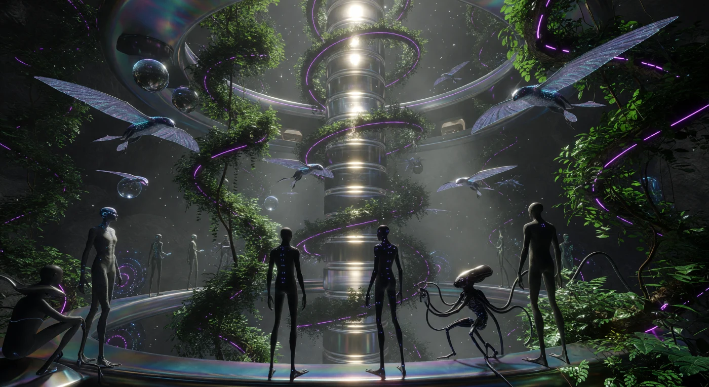 Deze reconstructie van de "Green-Lung" Aviary toont het complexe ecosysteem binnen de uitgeholde nikkel-ijzeren kern van de planetoïde 16 Psyche tijdens de Convergentie (ca. 2100-2200). In een zwaartekracht van slechts 0,1g navigeren synthetische *Avis-Postbiotica* door verticale hydroponische wouden, die verlicht worden door een samenspel van violette Sol-Strips en via grafeenspiegels gereflecteerd zonlicht. De aanwezigheid van langgerekte Litho-Sapiens en cephalopode Exos illustreert de radicale biologische en technologische diversificatie van de mensheid binnen de extreme omstandigheden van de Planetoïdengordel.