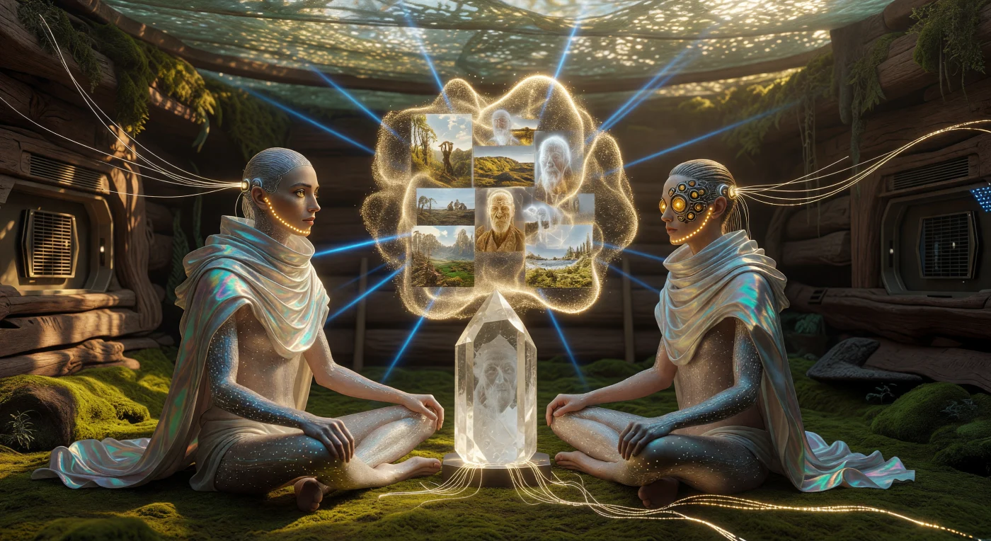 In deze reconstructie van de 'Convergentie'-periode (2100–2200 n.Chr.) zien we een geleerde van de Zenith-klasse die via een neurale interface communiceert met een kristallijne data-kern, waarbij een multidimensionale 'Hyper-Glyph' van vloeibaar licht een zintuiglijke wolk van voorouderlijke data ontsluit. Deze 'Ethereal Athlete' vertoont de kenmerkende evolutionaire aanpassingen van het tijdperk, zoals verlengde ledematen met koolstof-nanobuis-versterking en een iriserend gewaad van mycelium-zijde. De scène markeert een cruciaal stratum in de menselijke geschiedenis waarin biologische organismen en digitale intelligentie volledig versmolten tot een nieuwe, symbiotische levensvorm.