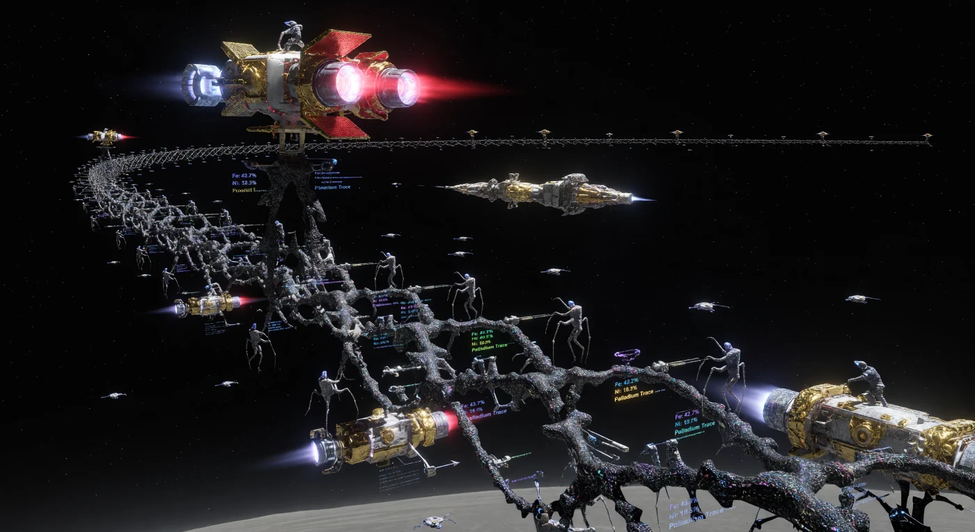 'द कन्वर्जेंस' युग (2100-2200 ईस्वी) के दौरान निर्मित, 'वेस्टा का महान स्पिंडल' क्षुद्रग्रह पट्टी में मानव सभ्यता के विस्तार का एक अद्भुत प्रमाण है। यह 50 किलोमीटर लंबी फ्रैक्टल संरचना चमकीली क्षुद्रग्रह धूल से बनी है, जिसके चारों ओर सोने की तापीय परतों से लिपटे 'Z-पिंच' फ्यूजन टग्स और सूक्ष्म-गुरुत्वाकर्षण के लिए जैविक रूप से अनुकूलित 'लिथो-सैपियन्स' कार्यकर्ता देखे जा सकते हैं। बैंगनी प्लाज्मा की तीव्र चमक और शून्य के गहरे अंधकार के बीच, यह दृश्य एक उन्नत टाइप I.2 सभ्यता के औद्योगिक कौशल और पृथ्वी से परे जीवन के क्रमिक विकास की गाथा कहता है।