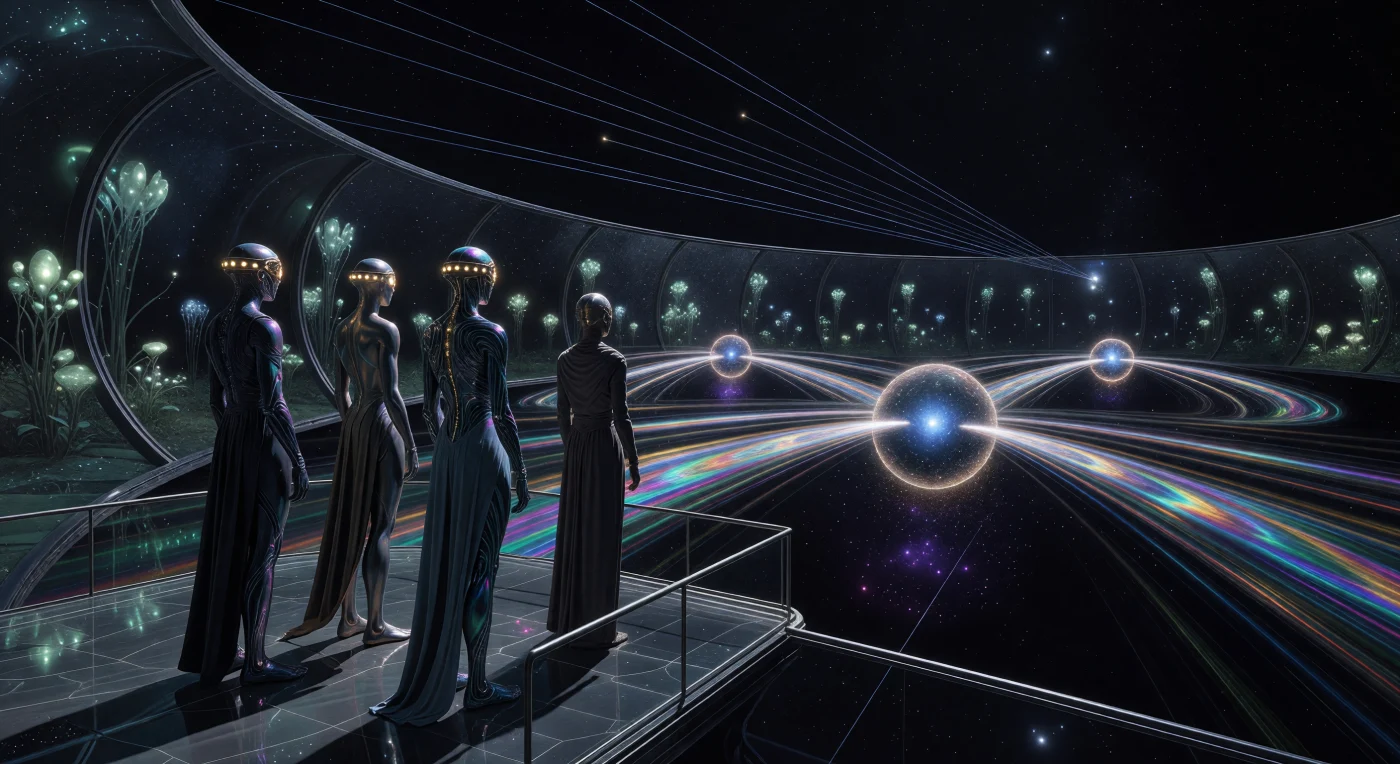 Durante a Era Galáctica (c. 5.000 – 20.000 d.C.), os *Void-Striders* — uma linhagem pós-humana adaptada ao vácuo com derme de liga de chumbo-bismuto e esqueletos de nanotubos de carbono — reúnem-se em habitats na Nuvem de Oort para o Festival de Escultura Gravitacional. A imagem captura o momento em que esferas de matéria degenerada distorcem a luz de estrelas binárias em complexos anéis de Einstein, criando sinfonias visuais que são percebidas pelos sensores "Extensores" dourados desses seres. Este registro arqueológico de uma civilização de nível 1.8 na escala Kardashev exemplifica a transição da humanidade para a Fronteira interestelar, onde a manipulação da gravidade e o uso de motores *Schwarzschild Kugelblitz* elevaram as leis da física ao status de expressão cultural e artística.