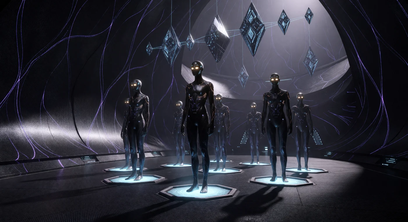 Nesta reconstrução da Era Galáctica (aprox. 5.000 – 20.000 d.C.), observamos exemplares de Void-Striders em uma praça de indução no Cinturão de Oort. Estes pós-humanos apresentam adaptações evolutivas extremas, como epidermes ricas em chumbo-bismuto para proteção radiológica e esqueletos reforçados com nanotubos de carbono, visíveis sob a pele obsidiana de brilho metálico. Enquanto recarregam suas reservas energéticas via ressonância magnética, núcleos de computação de diamante pairam ao fundo, evidenciando a simbiose entre a biologia sintética e as senciências de estado sólido que definiram a expansão da fronteira estelar.