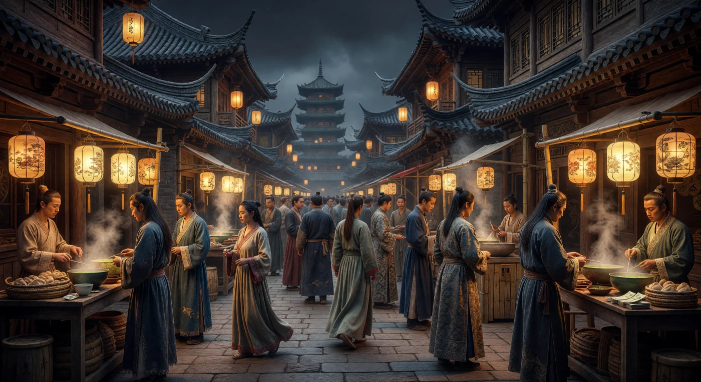 This scene captures the vibrant atmosphere of a night market in Kaifeng, the bustling capital of the Northern Song Dynasty around 1100 CE. Citizens dressed in traditional *ruqun* and indigo hemp robes navigate a landscape of multi-story timber structures featuring intricate *dougong* joinery and sweeping tiled roofs. As the world’s most populous medieval city, Kaifeng pioneered a sophisticated urban culture characterized by 24-hour commerce, the world's first paper currency, and a thriving tea trade served in distinctive dark stoneware.