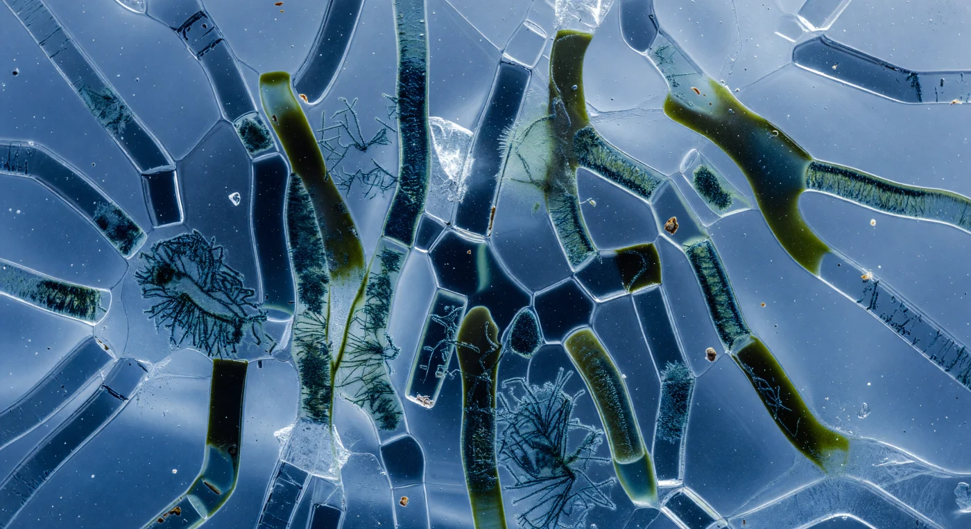 À l’intérieur de cette glace marine cryogénienne, un dédale de chenaux de saumure de 0,5 à 2 cm traverse la masse bleu cobalt, leurs parois tapissées de fins filaments de cyanobactéries et de minces biofilms d’algues vert olive, tandis que des cristaux étincellent dans la pénombre froide. Cette scène évoque la Terre « boule de neige » du Cryogénien, il y a environ 720 à 635 millions d’années, durant les glaciations sturtienne et marinoenne, lorsque la surface de la planète était presque entièrement gelée. Dans ces microrefuges salés, des communautés microbiennes — surtout des cyanobactéries photosynthétiques et probablement diverses algues eucaryotes — pouvaient survivre sous la glace, exploitant une faible lumière filtrée dans un monde figé à l’échelle planétaire.