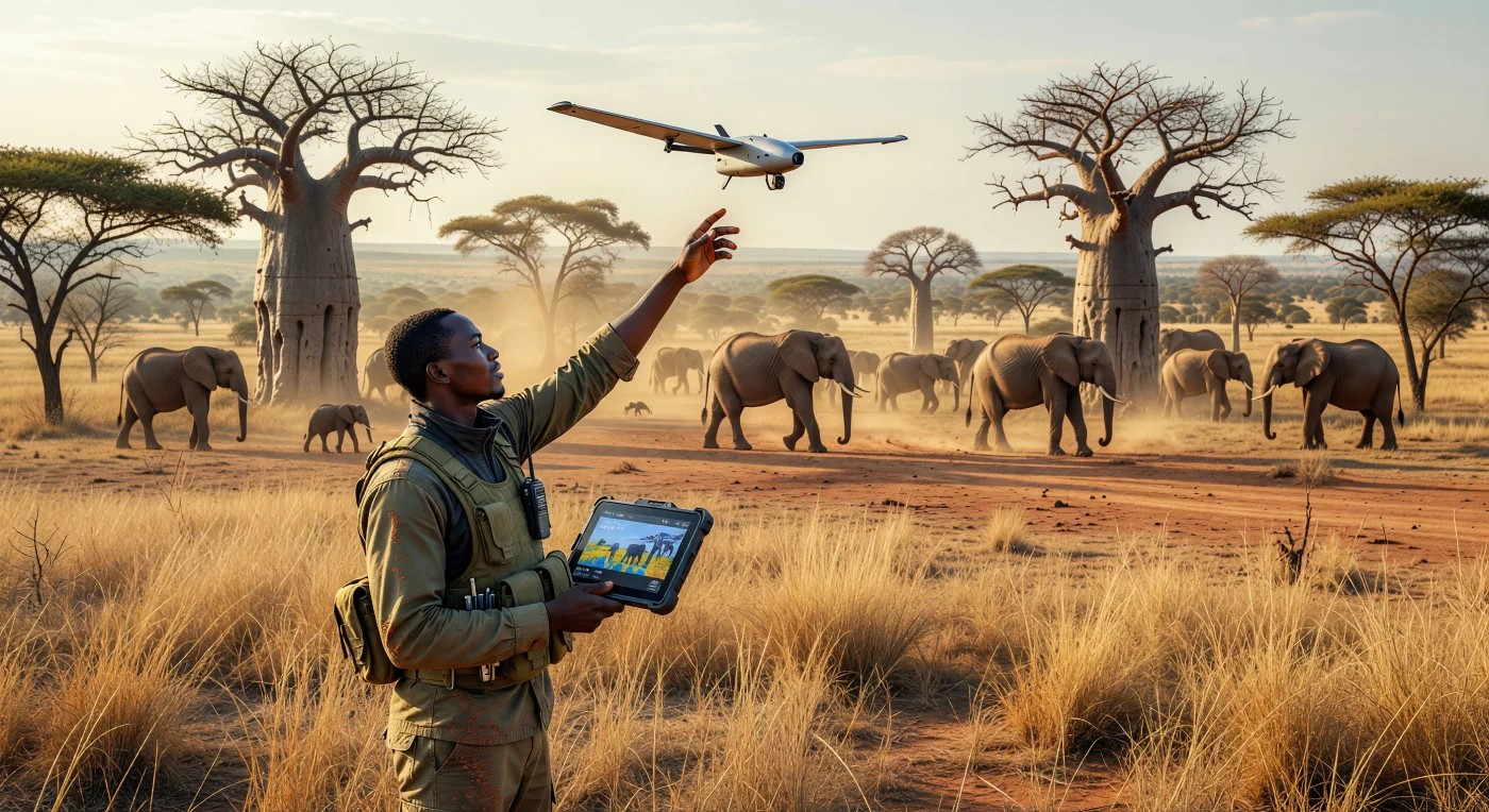 Un conservacionista keniata lanza un dron de vigilancia de fibra de carbono sobre la sabana dorada, mientras una manada de elefantes africanos pasta cerca de antiguos baobabs bajo la luz del atardecer. Esta imagen captura la esencia de la era digital en África a principios del siglo XXI, un periodo definido por el uso de tecnología de punta para la protección de la vida silvestre y la gestión de ecosistemas críticos. La integración de herramientas de monitoreo térmico y telemetría en tiempo real representa el "salto tecnológico" del continente, fusionando la innovación moderna con la preservación de su vasto patrimonio natural.