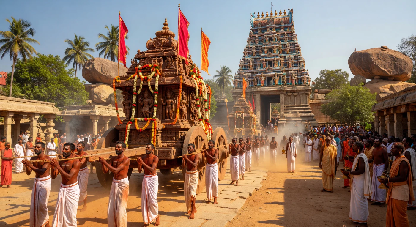 A vibrant religious procession unfolds at the Vitthala Temple in Hampi, the capital of the 16th-century Vijayanagara Empire, as devotees pull a towering wooden *ratha* (chariot) adorned with sacred marigolds and silk banners. In the background, a monumental granite *gopuram* rises against the Deccan sky, its upper tiers decorated with thousands of brightly painted stucco deities that reflect the artistic and architectural zenith of the South Asian Renaissance. This scene captures the intersection of deep Dravidian religious fervor and the empire's immense wealth, visible in the contrast between the simple cotton *veshtis* of the laborers and the fine Dhaka muslins worn by the watching elite.