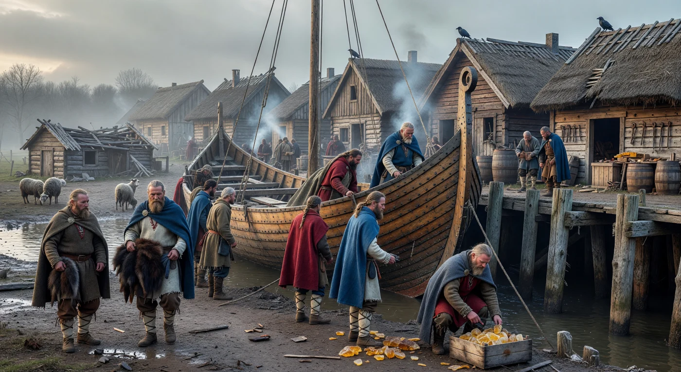 A wide-bodied merchant vessel, known as a knarr, is moored at the bustling 9th-century port of Hedeby as laborers unload bundles of northern furs and raw Baltic amber. Situated on the Jutland peninsula, Hedeby served as a vital economic nexus between Scandinavia and continental Europe, characterized here by its dense timber-framed workshops and thatched-roof structures. The scene captures the industrious reality of Early Medieval trade, highlighting the sophisticated clinker-built naval technology and traditional wool garments common among Norse seafaring merchants.