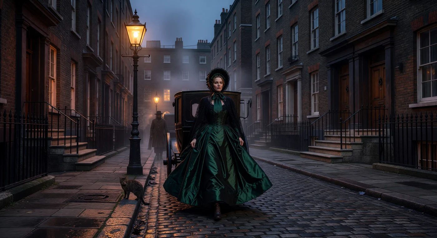 Eine wohlhabende Frau in einem weit ausladenden Reifrock aus smaragdgrüner Seide tritt aus einer Kutsche auf das regennasse Kopfsteinpflaster einer Londoner Straße um 1860. Das flackernde, bernsteinfarbene Licht einer gusseisernen Gaslaterne durchdringt den dichten Abendnebel und Kohlerauch, während im Hintergrund die dunklen Backsteinfassaden viktorianischer Stadthäuser aufragen. Diese Szene verdeutlicht den scharfen Kontrast zwischen bürgerlicher Opulenz und der rußigen industriellen Realität einer Epoche, in der die Einführung der Gasbeleuchtung das nächtliche Stadtbild und das soziale Leben grundlegend revolutionierte.