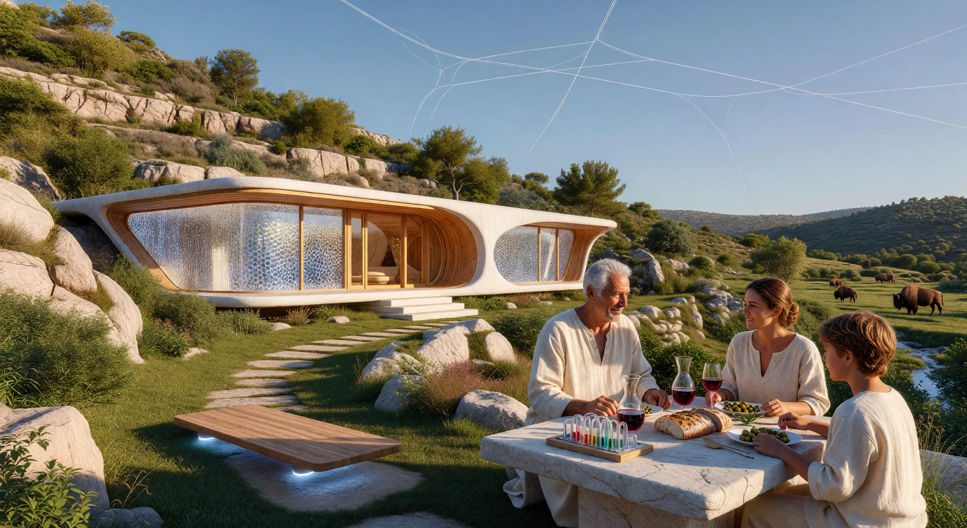 In questo scorcio dell'era della Maturità Cosmica (circa 45.000 d.C.), un gruppo di *Homo sapiens* non aumentati abita una villa in calcare autorigenerante all'interno di una Riserva Bio-Pura, dove la biologia umana è preservata nella sua forma ancestrale e finita. Sullo sfondo di una valle rigogliosa popolata da bisonti nordamericani de-estinti, la tecnologia invisibile di una civiltà di Tipo II mantiene l'equilibrio ecologico dell'Olocene, mentre i filamenti argentei di uno sciame di Dyson solcano discretamente il cielo terso. Questa scena testimonia un futuro remoto in cui l'umanità, dopo aver dominato l'energia stellare, sceglie di tornare alla sacralità dell'esperienza sensoriale e del ritmo circadiano terrestre.