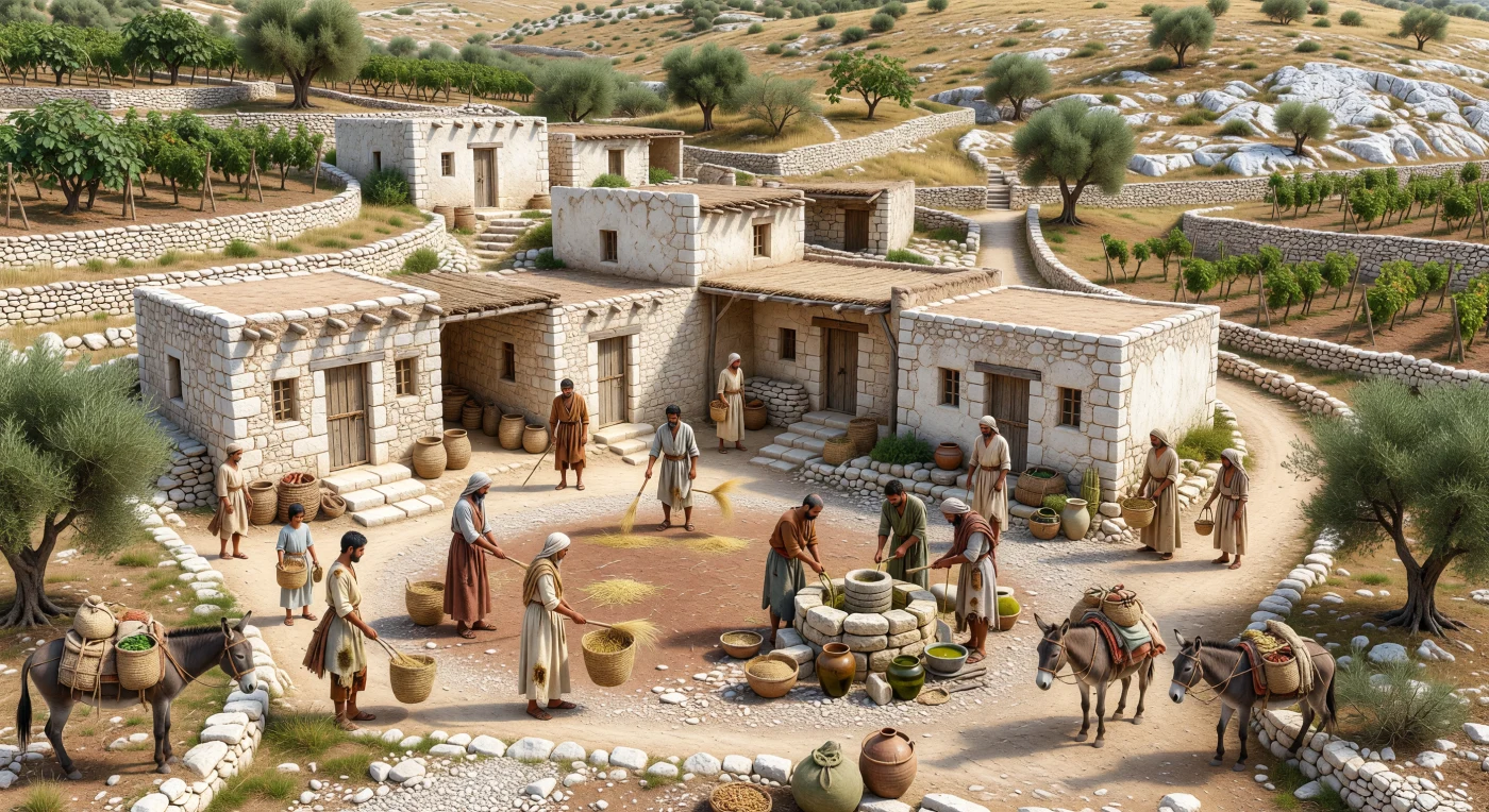 Dans ce village perché des hautes terres de Judée, des familles s’affairent sur l’aire de battage, au pressoir à olives et dans les ruelles étroites où passent des ânes chargés de sacs, entre des maisons de calcaire clair aux toits plats. La scène évoque la vie rurale à la fin du IIe siècle av. J.-C., sous la dynastie hasmonéenne, lorsque l’agriculture en terrasses — vignes, figuiers et oliviers — soutenait l’économie des communautés villageoises. Les vêtements simples de laine et de lin, les jarres de céramique, les outils de bois et de fer, ainsi que l’architecture sobre, restituent avec précision le quotidien laborieux d’une Judée en plein essor politique après la révolte des Maccabées.