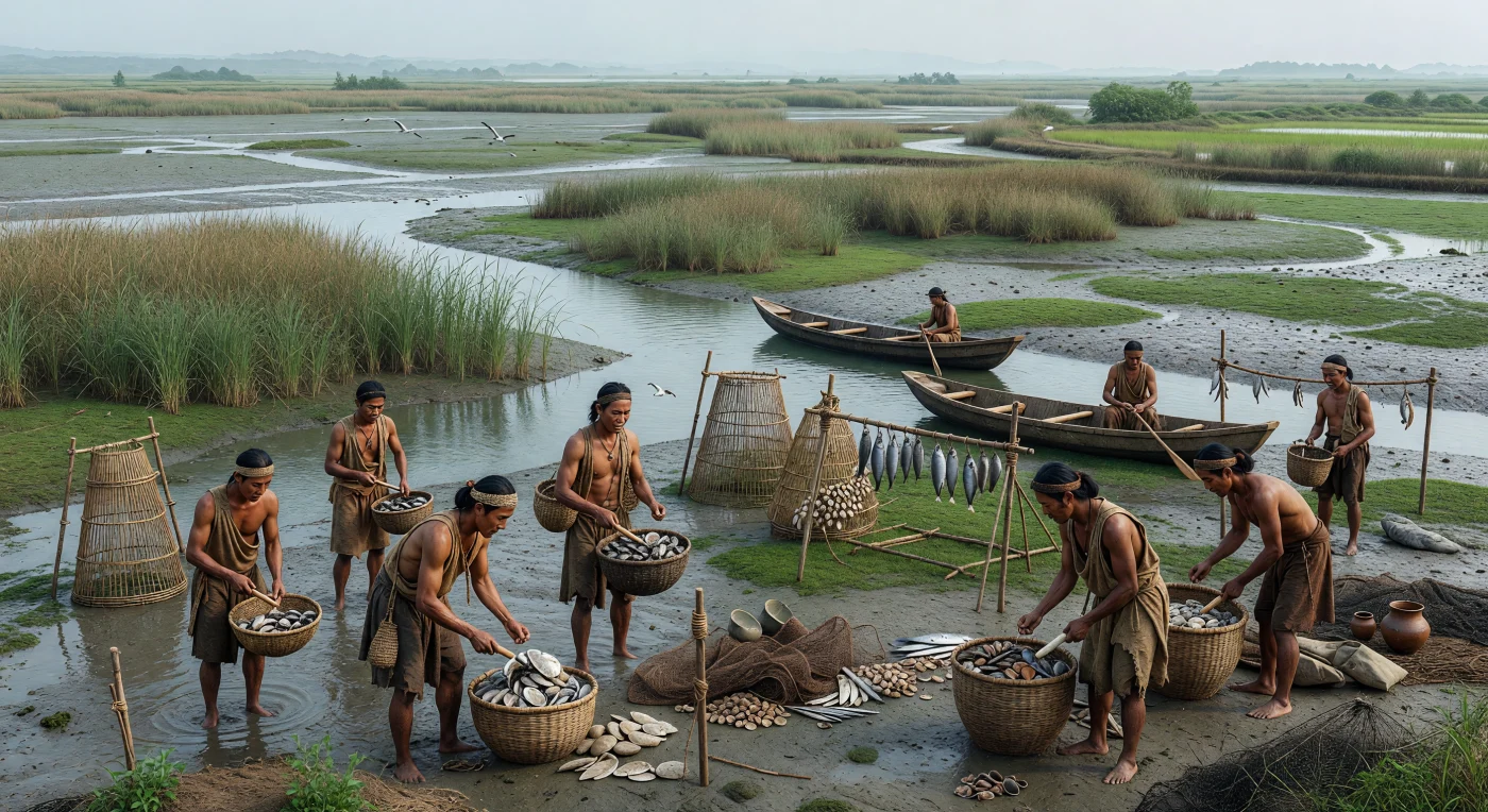 Su queste piane fangose di marea della costa sudorientale della Cina, tra Zhejiang e Fujian, uomini e donne dell’Età del Bronzo raccolgono ostriche e vongole in cesti intrecciati mentre canoe ricavate da un solo tronco scivolano nei canali tra canneti e trappole per pesci. La scena, databile circa al 130–900 a.C., mostra una comunità costiera lontana dai grandi centri della dinastia Shang: qui la vita dipendeva dall’estuario, dalla pesca, dai molluschi e da reti appesantite con pietre o argilla, essiccati poi su semplici rastrelliere di legno. È un’immagine di lavoro quotidiano e di grande adattamento ambientale, che ricorda come l’Asia orientale dell’Età del Bronzo fosse fatta non solo di corti e bronzi rituali, ma anche di villaggi marittimi legati alle maree e agli scambi regionali.