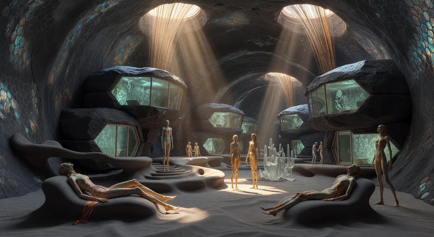 Questa veduta cattura le monumentali arterie del Tube-Grid di Arsia su Marte intorno al 2380 d.C., nel pieno della Grande Divergenza. All'interno di un vasto tubo di lava basaltica, gli Espansionisti Litici — discendenti umani biologicamente adattati alla bassa gravità — hanno plasmato l'ambiente tramite sinterizzazione molecolare, integrando moduli abitativi esagonali e piazze in schiuma polimorfica cinetica. L'oscurità del sottosuolo è squarciata da imponenti pozzi solari a fibre ottiche, che proiettano fasci di luce dorata su una civiltà che ha trasformato la geologia aliena in un ecosistema architettonico d’avanguardia.