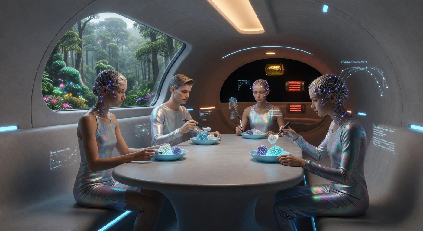 'द ग्रेट डाइवर्जेंस' (2200-2500 ईस्वी) के इस दृश्य में *होमो ऑगमेंटस* (Homo augmentus) प्रजाति का एक परिवार 'ग्रे-पेस्ट' से निर्मित अपने आवास में भोजन करते हुए दिखाई दे रहा है। इन उन्नत मानवों के शरीरों में लगे 'ग्रेड-7 न्यूरल लेस' और उनकी लंबी शारीरिक संरचना 0.8g गुरुत्वाकर्षण वाले कृत्रिम वातावरण में उनके विकासवादी अनुकूलन को दर्शाती है। पृष्ठभूमि में विनची-4 ओ'नील सिलेंडर का विशाल आंतरिक भाग और हवा में तैरते 'घोस्ट-फीड' डेटा ओवरले उस युग की पराकाष्ठा को उजागर करते हैं जहाँ जीवविज्ञान और नैनो-तकनीक का पूर्ण विलय हो चुका था।