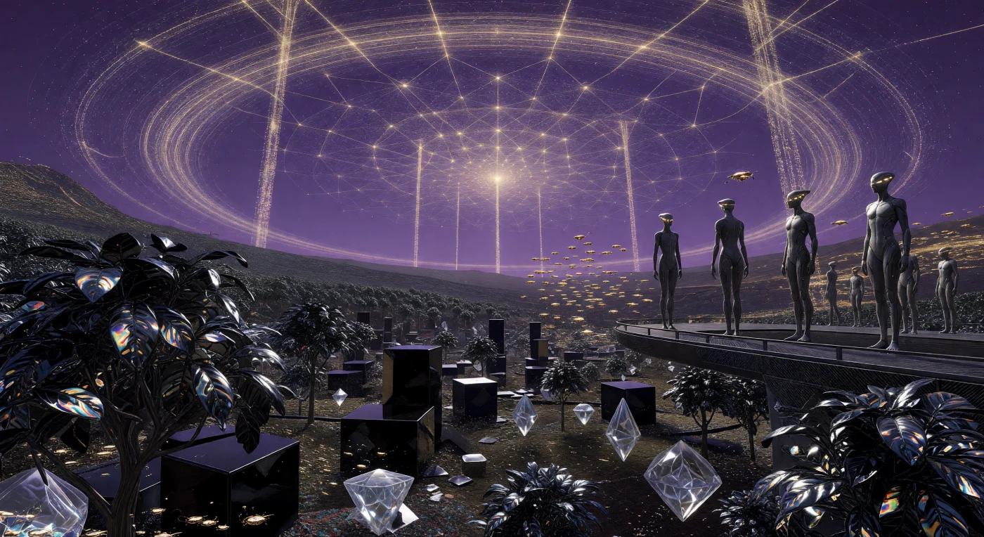 This vista captures the interior of a 10,000-kilometer-wide orbital ring during the Horizon era (c. 100,000–1,000,000 CE), where centrifugal force creates a landscape that arches into a violet, gas-dense atmosphere. Polystructural beings—integrated biological and femtotech entities—stand alongside a golden Swarm-Mind near radiotrophic forests of metallic-sheen foliage that harvest high-energy stellar radiation. In the distance, massive Relay Pillars emit neutrino-modulated data-streams, illustrating the complex information infrastructure required to manage a galaxy-spanning civilization bound by the constraints of light-speed latency.