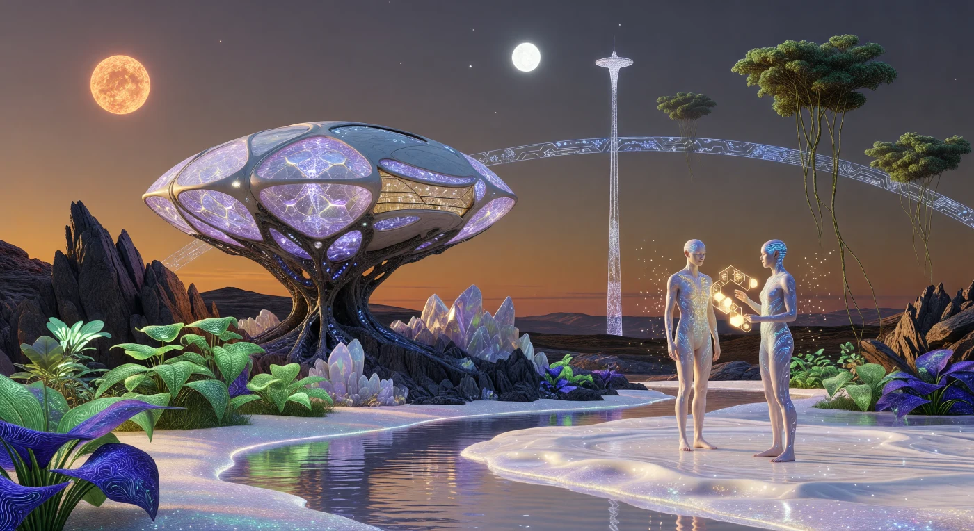In der Ära der Kosmischen Reife (ca. 20.000–100.000 n. Chr.) verschmelzen Architektur und Ökologie zu den hier sichtbaren „Symbionten-Pods“, deren 50 Meter hohe ovoidale Strukturen mittels „lithischem Pfropfen“ direkt aus der basaltischen Planetenkruste gezüchtet wurden. Unter dem dualen Zwielicht eines binären Sternensystems interagieren grazil gebaute Post-Humane auf Plätzen aus flüssigem Neo-Quarz, umgeben von genetisch modifizierter Flora, die komplexe Datenströme in ihren biolumineszenten Blättern speichert. Diese Szene illustriert den Gipfel der ontologischen Ingenieurskunst, in der Wohnraum nicht mehr gegen die Umwelt errichtet, sondern als lebendiger, technologisch integrierter Organismus als Teil des planetaren Körpers begriffen wird.
