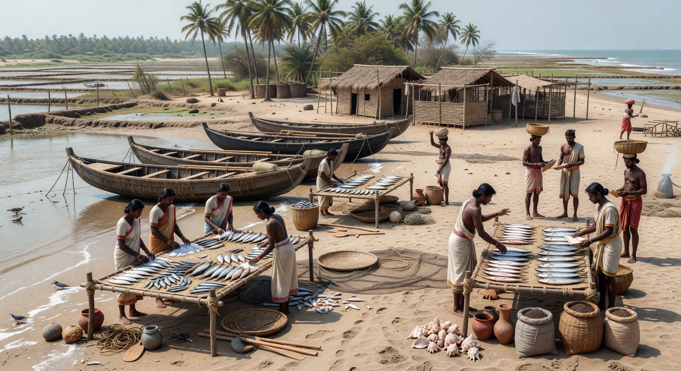 Op deze hete kust van het vroege Tamilakam, rond de 1e eeuw v.Chr.–1e eeuw n.Chr., spreiden vissers en visverwerkers sardines en makreel uit op verhoogde droogrekken, terwijl naast hen hopen schelpen, zoutpannen en met touw gestikte plankboten het strand vullen. Hun lichte katoenen wikkelkleding, manden, netten en pekelvaten tonen een gemeenschap die leefde van zee en zon, maar ook van handel. De zakken zwarte peper en de onderhandelende kooplieden verwijzen naar de levendige maritieme netwerken van Zuid-India, die deze kusten al in de klassieke oudheid verbonden met de bredere Indische Oceaanwereld.