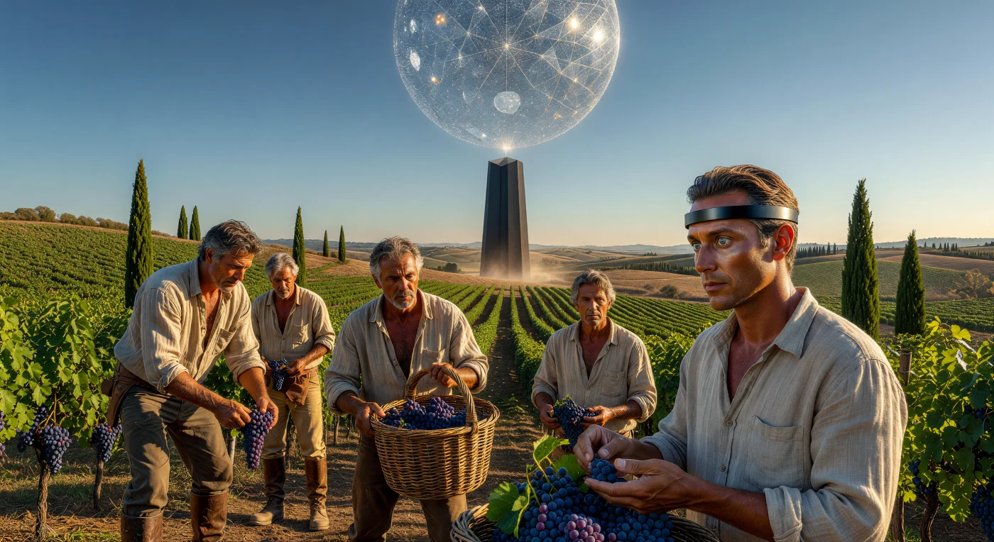 In questo scorcio della Toscana ricostruita su Terra Memoria nel 450.000 d.C., Bio-Repliche di *Homo sapiens* raccolgono uve Sangiovese sotto la complessa trama argentea del Guscio di Sol-Dyson, una megastruttura che cattura l'energia stellare per alimentare il pianeta. Accanto ai lavoratori, un Pellegrino "Risvegliato" abita un corpo sintetico per esperire la fragilità del tempo lineare, mentre sullo sfondo svetta una Guglia di Ancoraggio Gravitazionale, un colossale pilastro che stabilizza artificialmente le placche tettoniche per impedire la deriva dei continenti. Questa scena immortala un "Eden Statico", dove l'ingegneria di una civiltà di Tipo II preserva meticolosamente l'ecologia e il clima del passato remoto in un museo planetario che sfida l'entropia del tempo profondo.