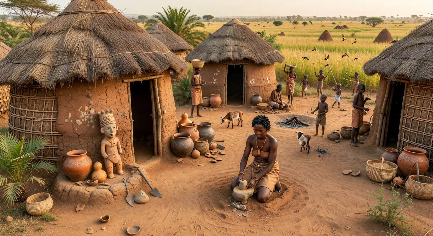 In questo cortile domestico della cultura Nok, sull’altopiano di Jos nell’attuale Nigeria centrale verso il 400 a.C., una famiglia si dedica alle attività quotidiane tra capanne circolari di graticcio e argilla coperte di paglia: una donna macina il grano su una macina di pietra, i bambini scacciano gli uccelli dai campi di miglio vicini e alcune capre si aggirano tra giare e cesti. La piccola figura in terracotta presso il santuario domestico richiama la celebre arte Nok, nota per le teste allungate e gli occhi traforati, una delle più antiche tradizioni scultoree dell’Africa subsahariana. La scena riflette una società agricola dell’Età del Ferro che, oltre a coltivare cereali e allevare piccoli animali, conosceva anche una precoce lavorazione del ferro sviluppata localmente.