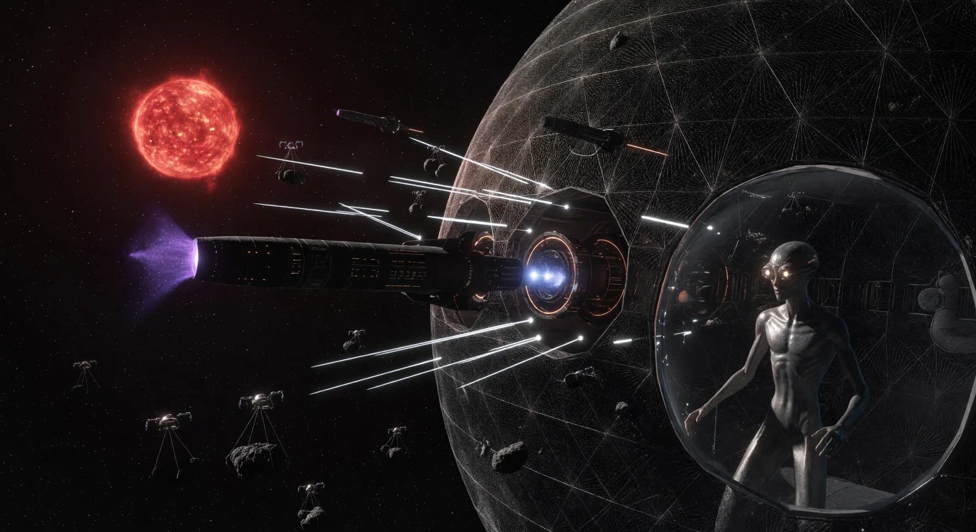This scene depicts a massive Dyson-shell segment constructed from carbon-nanotube mesh orbiting a pulsing red dwarf star during the Galactic Age, approximately 10,000 years into the future. A needle-like Void-Strider vessel docks to exchange cultural data via high-bandwidth X-ray bursts while its Kugelblitz drive—powered by an artificial micro-black hole—glows with intense Hawking radiation. Through the viewing port, a post-human Void-Strider is visible, featuring a radiation-shielded metallic epidermis and specialized ocular sensors evolved for life in the deep infrared of the Frontier. This era marks the peak of a Kardashev 1.8 civilization, where energy is harvested directly from stars and matter is meticulously processed by swarms of autonomous molecular assemblers.