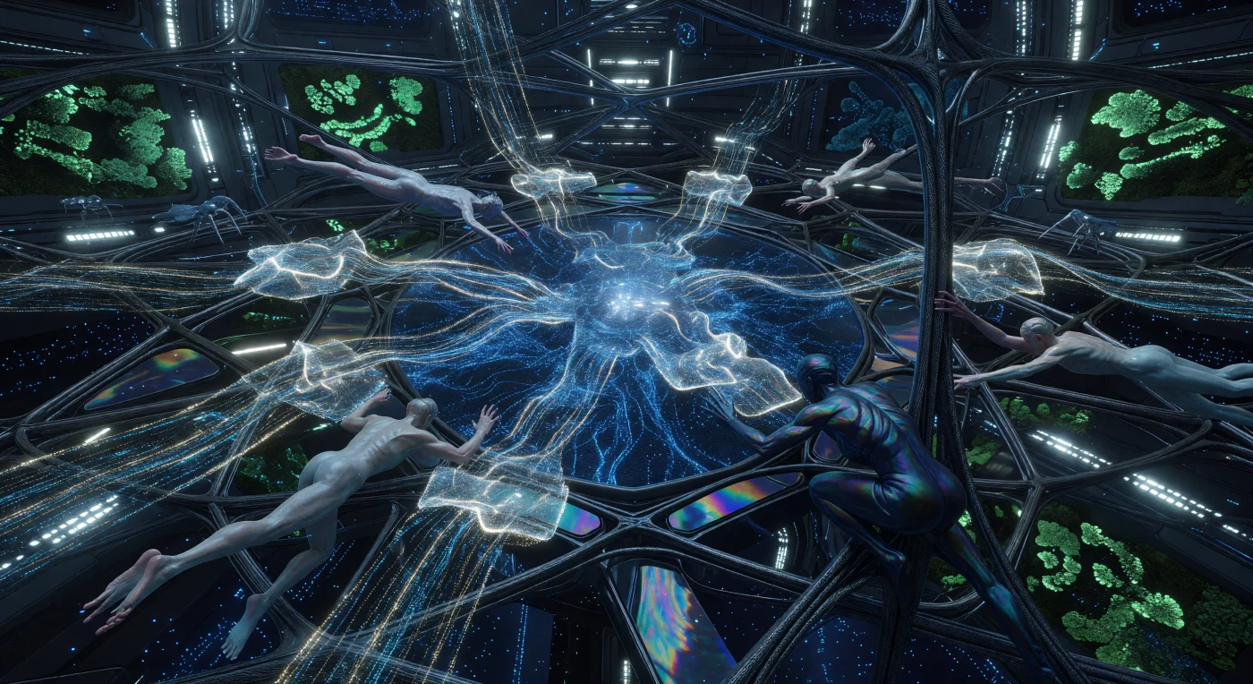 Inside the zero-gravity hub of a 50-kilometer-long world-ship, the Interstellar Nomads (c. 3000–5000 CE) conduct the complex "Data-Weaving" essential for deep-space navigation and communication. The scene showcases the extreme physiological adaptations of the "Voids-Kin," including the three-meter-long Elongated humans with prehensile digits and the obsidian-skinned Lithomorphs, who utilize radiosynthesis to convert cosmic radiation into metabolic energy. At the center, digital consciousnesses known as Synapses manifest as shimmering holographic fractals around a sapphire-blue Optical-Lattice Compute-Core, processing quantum signals while suspended within a non-Euclidean lattice of carbon-nanotube architecture.
