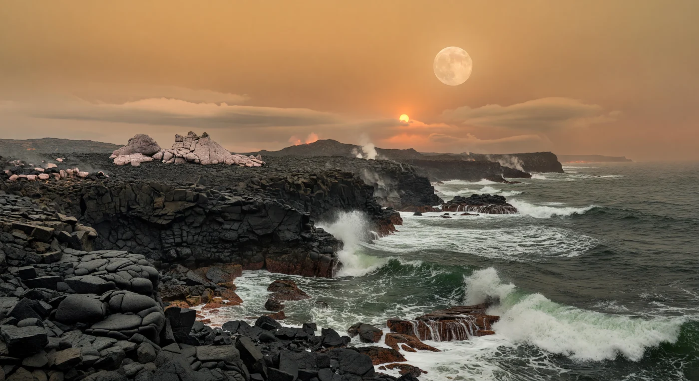 Around 4.4–4.1 billion years ago in the late Hadean, Earth’s surface was a stark volcanic world of black basaltic coasts, unstable proto-continental felsic outcrops, and iron-rich seas beneath a hazy, anoxic sky. This reconstruction shows an ocean shoreline shaped by intense volcanism, hydrothermal activity, and strong tides from the much nearer young Moon, long before plants, animals, or even confirmed visible microbial ecosystems had transformed the planet. The pillow basalts, fumaroles, and raw fractured rock capture a time when Earth was still cooling and the earliest oceans interacted with a newly forming crust.