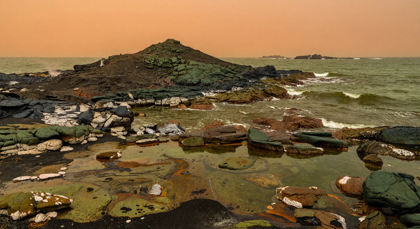 On this Late Archean shoreline, about 2.8–2.6 billion years ago, a barren volcanic island of basalt and komatiite rises from a warm, iron- and silica-rich ocean under a hazy orange sky. Steam vents, silica crusts, pillow-lava rubble, and rusty mineral stains reflect the intense volcanism and anoxic chemistry of early Earth, long before plants or animals existed. The only life visible would have been sparse microbial films and mats clinging to damp rocks and shallow pools along the wave-battered coast.