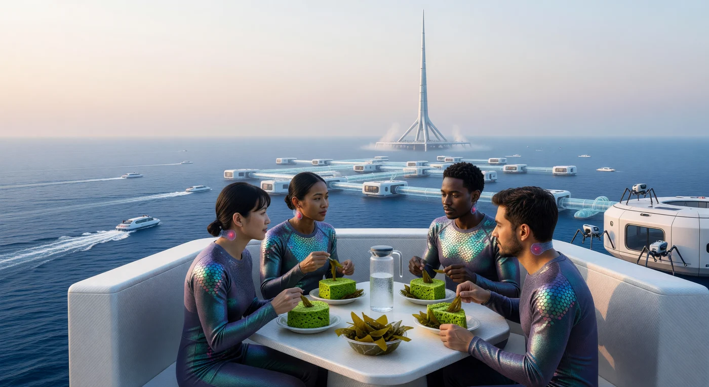 2050年頃の「しきい値（スレッショルド）」時代、人類は「ブルー・アクセラレーション」と呼ばれる海洋開拓の最盛期を迎えました。乳白色の空の下、合成鰓（S-Gill）や疎水性皮膚を持つ新人類の家族が、遺伝子編集された海藻やスピルリナを食すこの光景は、極限環境への生物学的適応を象徴しています。背景にそびえる巨大な海洋温度差発電（OTEC）施設は、高度に管理された海洋生態系と地球規模の気候工学が融合した、この時代特有の生存戦略を物語っています。