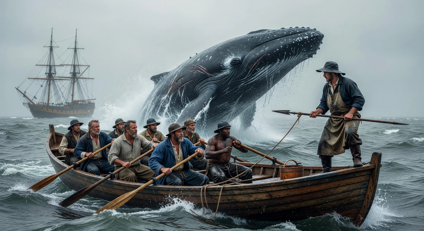Op deze cinemagrafische weergave van de walvisjacht rond 1845 trotseert een diverse bemanning in een cederhouten dory de woeste, grijsgroene golven van de Noord-Atlantische Oceaan terwijl een kolossale potvis met littekens krachtig boven water komt. De harpoenier, herkenbaar aan zijn stijve hoed van geteerd zeildoek, staat klaar voor de hachelijke confrontatie die destijds essentieel was voor de wereldwijde winning van walvisolie. Dit beeld illustreert de brute fysieke arbeid en de enorme schaal van de 19e-eeuwse maritieme industrie, waarin schepen fungeerden als zeldzame smeltkroezen van verschillende culturen en etniciteiten.