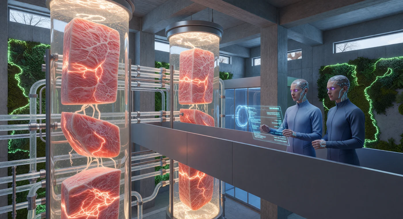 Set within the Warsaw Industrial Hub during "The Threshold" (2025–2050), this scene illustrates the pinnacle of mid-21st-century food security through the mass cultivation of "Euro-Protein" in graphene-reinforced bio-vats. Two Augment technicians—humans enhanced with Neural Lace 4.0 and nanoderm protection—monitor the growth of synthetic muscle tissue powered by localized fusion energy and small modular reactors. This transition to lab-grown nutrition and algorithmic oversight reflects Europe’s shift toward a post-scarcity civilization, effectively decoupling human sustenance from traditional environmental constraints.