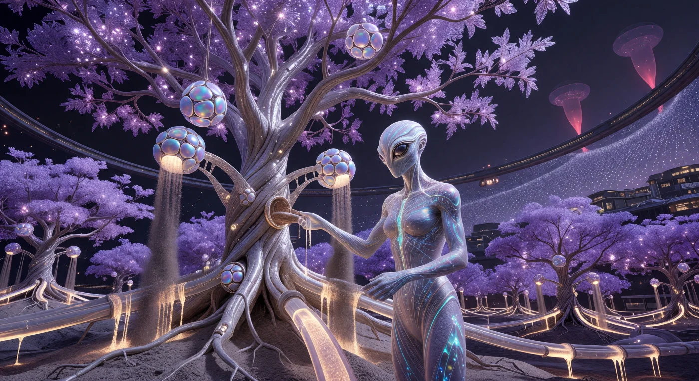 Set within a massive Bishop Ring habitat during the era of Cosmic Maturity (c. 44,200 CE), this scene illustrates the sophisticated symbiosis between post-biological life and engineered ecology. A "Weave" inhabitant—a polymorphic being integrated with light-speed photonic lattices—tends to a chimeric orchard where fractal-patterned trees emit heatless violet bioluminescence. Visible molecular assemblers deconstruct asteroid-derived elemental streams into nutrient slurries, a process that sustains the integrated biological and synthetic components of this high-Kardashev civilization. The vast upward curve of the rotating habitat in the background highlights the immense scale of these 44th-millennium megastructures.