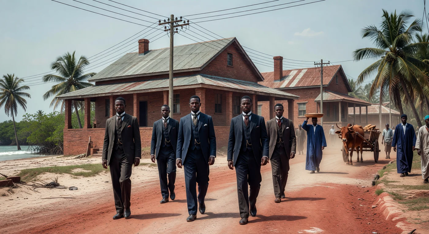A group of West African colonial clerks strides along a coastal road in Lagos circa 1905, epitomizing the emerging professional class of the British Protectorate. Dressed in formal Edwardian three-piece wool suits and stiff celluloid collars, these men navigate a landscape defined by the sharp contrast between traditional West African life and burgeoning colonial infrastructure, such as red-brick administrative buildings and telegraph lines. This scene captures the intersection of Victorian social expectations and tropical reality, reflecting the complex identity of the "Saro" elite during the height of the Belle Époque.