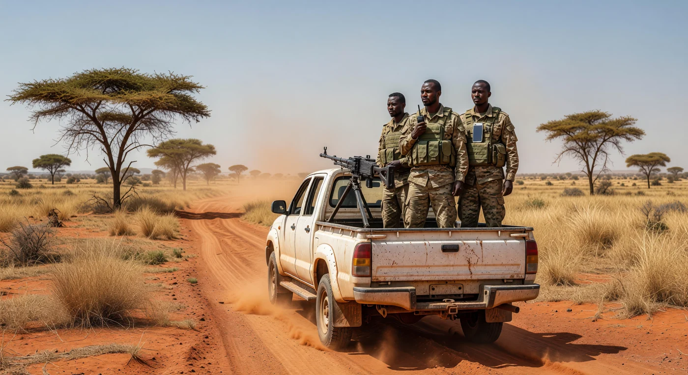 A modified Toyota Hilux "technical" patrols a rutted track in the Sahel, carrying West African soldiers armed with a heavy DShK machine gun and modern digital camouflage. This scene captures the tense atmosphere of security operations in the G5 Sahel region during the early 2020s, where desert-ready vehicles and mobile technology define modern frontier warfare. The integration of personal smartphones into tactical gear exemplifies the "digital leapfrogging" that characterized African life and conflict during the first quarter of the 21st century.