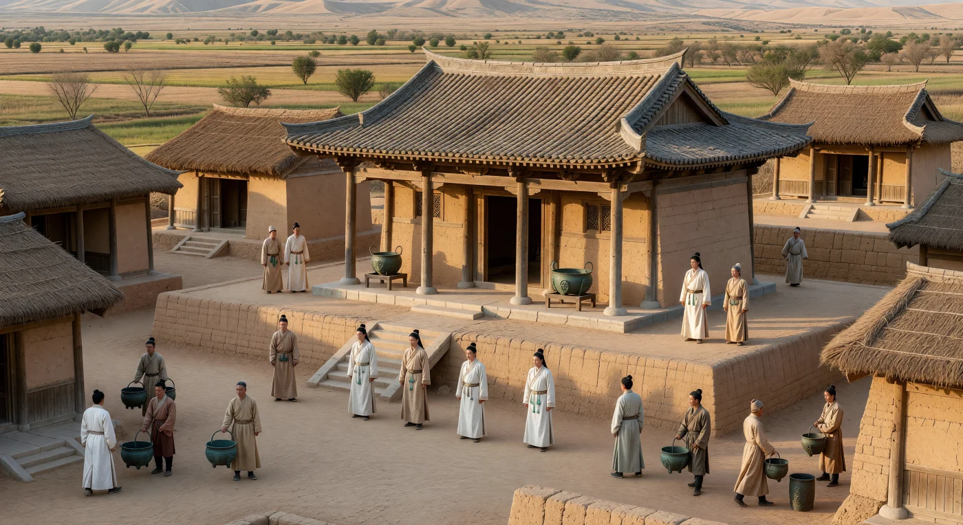 Deze scène toont een aristocratisch voorouderlijk hof uit de Westelijke Zhou in de Wei-vallei, rond de 9e eeuw v.Chr.: een brede aangestampte binnenplaats, terrassen van gestampte aarde en een schrijnhal met houten zuilen, terwijl bedienden bronzen ding- en gui-vaten naar voren dragen. Zulke bronzen rituele vaten waren niet alleen offerservies, maar ook zichtbare symbolen van prestige en politieke macht binnen de Zhou-orde. De sobere zijden gewaden, jade gordelhangers en het vroege pannendak van alleen het hoofdheiligdom weerspiegelen een samenleving waarin voorouderverering het hart vormde van elite-identiteit, gezag en herinnering.