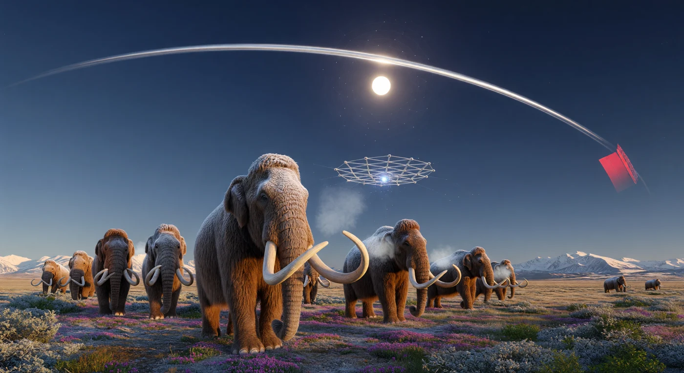 In der Ära des Interstellaren Aufbruchs (ca. 3000–5000 n. Chr.) durchstreift eine Herde de-extinkter Wollhaarmammuts (*Mammuthus primigenius*) die sibirische Steppe, die im Rahmen des „Holozän-Plus“-Projekts als ökologisches Refugium wiederhergestellt wurde. Während die Tiere mit ihrem charakteristischen Mahagoni-Fell und den spiralförmigen Stoßzähnen das biologische Erbe des Pleistozäns verkörpern, wird ihr Zustand von einer hochmodernen Graphen-Gitter-Drohne überwacht, die mittels Meissner-Effekt-Levitation lautlos über der Tundra schwebt. Vor dem Hintergrund gigantischer orbitaler Ringstrukturen und einer das Sonnenlicht filternden Dyson-Infrastruktur illustriert diese Szene die paradoxe Koexistenz von archaischer Wildnis und interstellarer Hochtechnologie im Herzen der Ur-Wiege der Menschheit.