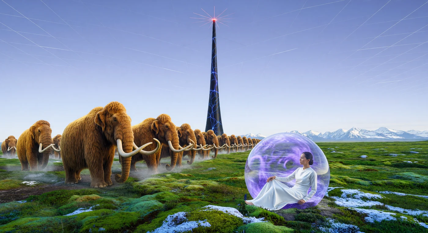 Eine Herde genetisch rekonstruierter Wollhaarmammuts (*Mammuthus primigenius*) durchstreift die sibirische Tundra des Jahres 2850, ein lebendiges Monument der ökologischen Restauration in der Ära der Solaren Expansion. Fast vier Jahrtausende nach ihrem Aussterben am Ende des Pleistozäns dienen diese Giganten nun als biologische Schlüsselart zur Kohlenstoffspeicherung, während sie unter dem sanften Licht orbitaler Spiegel das Land formen. Aus einer schwebenden Transitkapsel beobachtet ein Mensch dieses Zusammenspiel von prähistorischer Fauna und hochmoderner Überwachungstechnologie, das die Versöhnung zwischen der tiefen Vergangenheit der Erde und einer technologisch fortgeschrittenen Zukunft verkörpert.