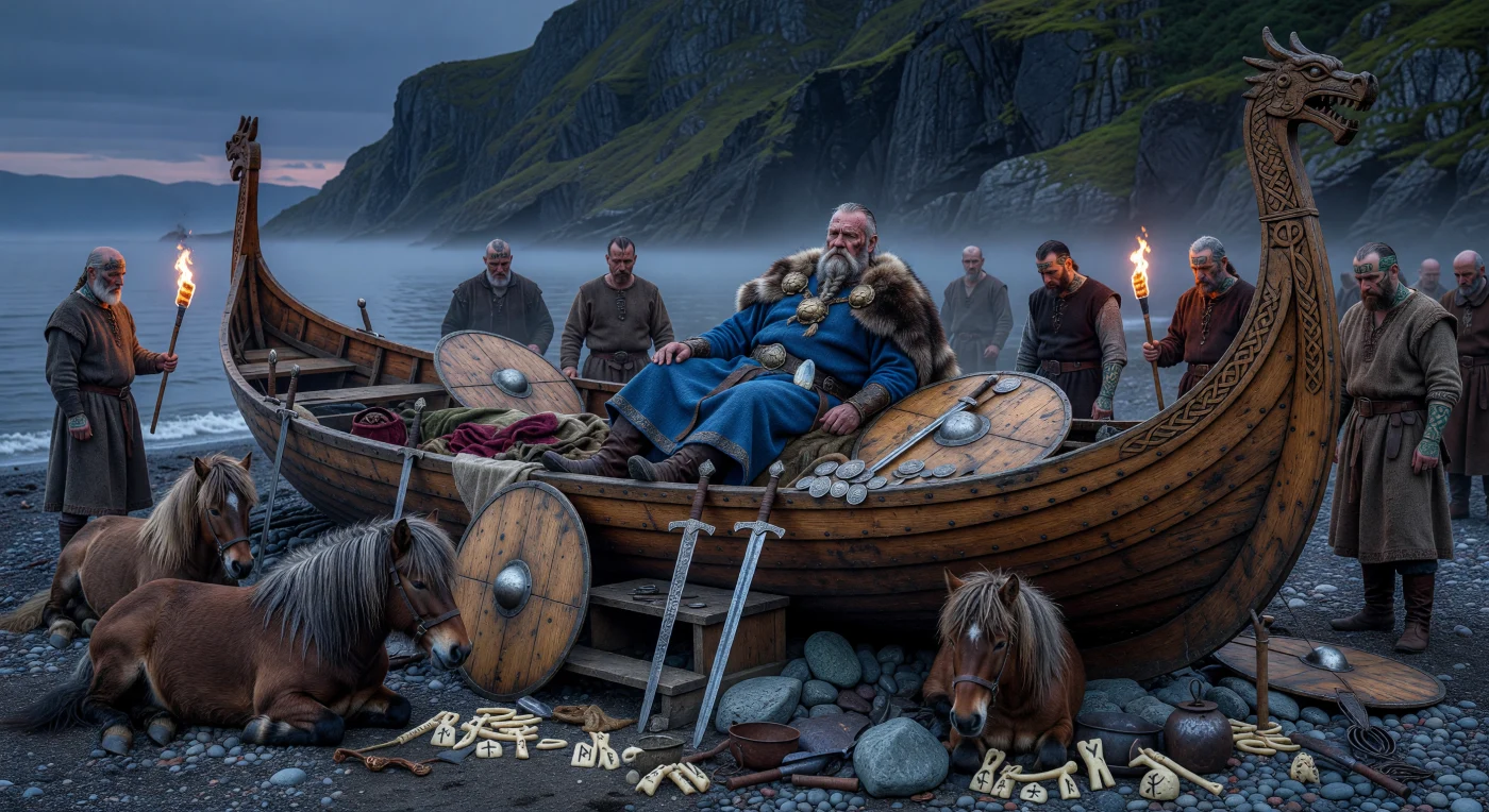 In der nebligen Dämmerung eines norwegischen Fjords ruht ein verstorbener Wikingerhäuptling auf seinem kunstvoll geschnitzten Langschiff, umgeben von rituell geopferten Pferden und kostbaren Grabbeigaben wie silbernen Dirhams und damaszierten Schwertern. Diese Szene illustriert die komplexen Bestattungsrituale des 10. Jahrhunderts, in denen das Schiff als symbolisches Gefährt ins Jenseits diente und der Reichtum des Toten seine weitreichenden Handelsverbindungen bis in den Orient bezeugte. Die detaillierte Darstellung der Trauernden mit ihren markanten Tätowierungen und der wertvollen Seide basiert auf zeitgenössischen Berichten wie jenen von Ahmad ibn Fadlan und bietet einen lebendigen Einblick in die spirituelle Welt und die soziale Hierarchie der frühmittelalterlichen Nordmänner.