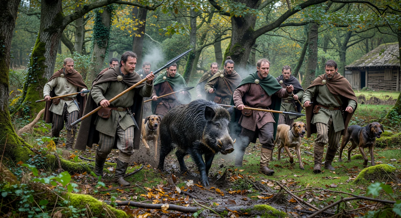 In a rain-darkened woodland of fifth-century western Europe, hunters and hounds press a wild boar through oak and beech undergrowth, their wool cloaks, belted tunics, trousers, and simple spears reflecting the practical dress of the post-Roman rural elite. The scene evokes northern Gaul or Aquitaine in the decades after imperial authority weakened, when status was still displayed through good wool, metal brooches, and heirloom fittings rather than heavy armor or courtly finery. Boar hunting was both a dangerous necessity and a mark of aristocratic prowess, linking late Roman provincial traditions with the emerging cultures of early medieval Europe.