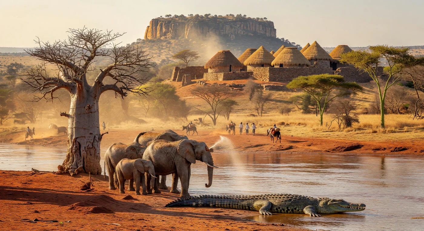 An den rötlichen Ufern des Limpopo-Flusses versammeln sich Afrikanische Elefanten und ein Nilkrokodil im Schatten eines monumentalen Affenbrotbaums, während die goldene Abendsonne die weite Savanne in warmes Licht taucht. Im Hintergrund thronen auf einem markanten Sandsteinplateau die steinernen Mauern von Mapungubwe, dem Zentrum eines mächtigen südafrikanischen Königreichs des 12. Jahrhunderts, das durch den Fernhandel mit Gold und Elfenbein zu großem Wohlstand gelangte. Diese Darstellung fängt das eindrucksvolle Zusammenspiel zwischen einer hochentwickelten frühen Zivilisation und der wilden Naturlandschaft am Vorabend der Entstehung von Groß-Simbabwe ein.