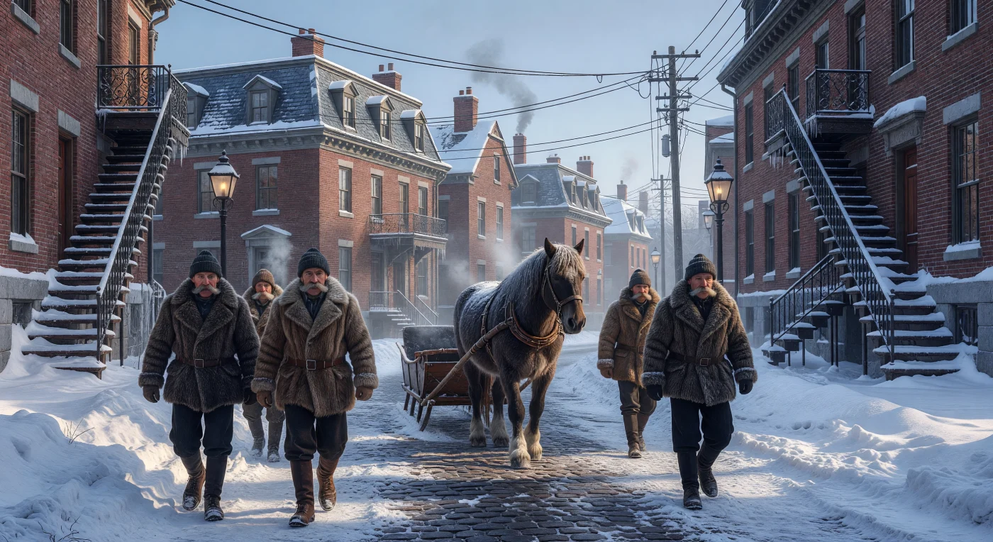 In this winter scene from circa 1900, working-class Montrealers dressed in traditional raccoon-fur coats and hand-knit wool tuques navigate a narrow street lined with red-brick residences featuring the city's signature outdoor winding iron staircases. A massive Percheron draft horse pulls a rustic wooden V-plow to clear heavy snowfall from the cobblestones, illustrating the labor-intensive nature of urban maintenance in Quebec before the age of motorization. The presence of early telecommunication wires and flickering gas lamps against the coal-smoke haze highlights the transition into the modern industrial age during the Belle Époque.