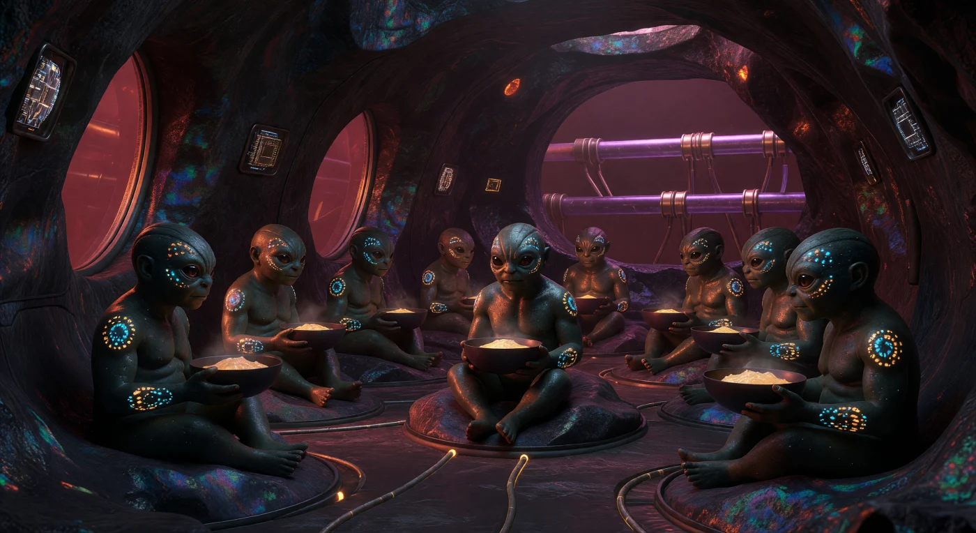 نشاهد هنا تجمعًا لبشر "هومو بروكسيموس" المتكيفين جينيًا وهم يتناولون حصصهم الغذائية داخل مسكن "ليثو-هاب" منحوت في صخور البازلت البركاني في "حلقة الغسق" بكوكب بروكسيما b. تميزت هذه السلالة خلال عصر "فجر ما بين النجوم" (3000-5000 ميلادي) ببنية عضلية وعظمية كثيفة لمواجهة الجاذبية العالية، وبجلود داكنة مزودة ببلاستيدات مهندسة تمتص الأشعة تحت الحمراء المنبعثة من شمسهم الحمراء القابعة دائمًا فوق الأفق. يتواصل هؤلاء الأفراد عبر أنماط ضوئية حيوية تسمى "لغة اللومن"، في بيئة تدمج بين الجيولوجيا البركانية الخام وتقنيات النانو المتقدمة، مما يجسد ذروة التكيف البشري مع الأنظمة النجمية الغريبة في أعماق الزمن السحيق.