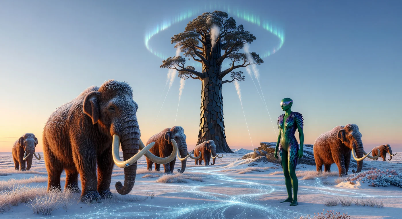 In het jaar 2164 graast een kudde hergeïntroduceerde wolharige mammoeten (*Mammuthus primigenius*) op de Arctische toendra, een krachtig symbool van de 22e-eeuwse 'Convergentie' waarin uitgestorven megafauna opnieuw een rol speelt in de natuurlijke klimaatbeheersing. Terwijl de dieren over de bevroren bodem trekken, filtert een als reuzensequoia vermomde installatie koolstofdioxide uit de lucht en pulseert een ondergronds mycelium-netwerk met data over de gezondheid van het herstelde ecosysteem. Dit tableau illustreert een toekomst waarin de grenzen tussen biologie en geavanceerde technologie vervagen om de ecologische balans van de aarde na millennia van verstoring te stabiliseren.