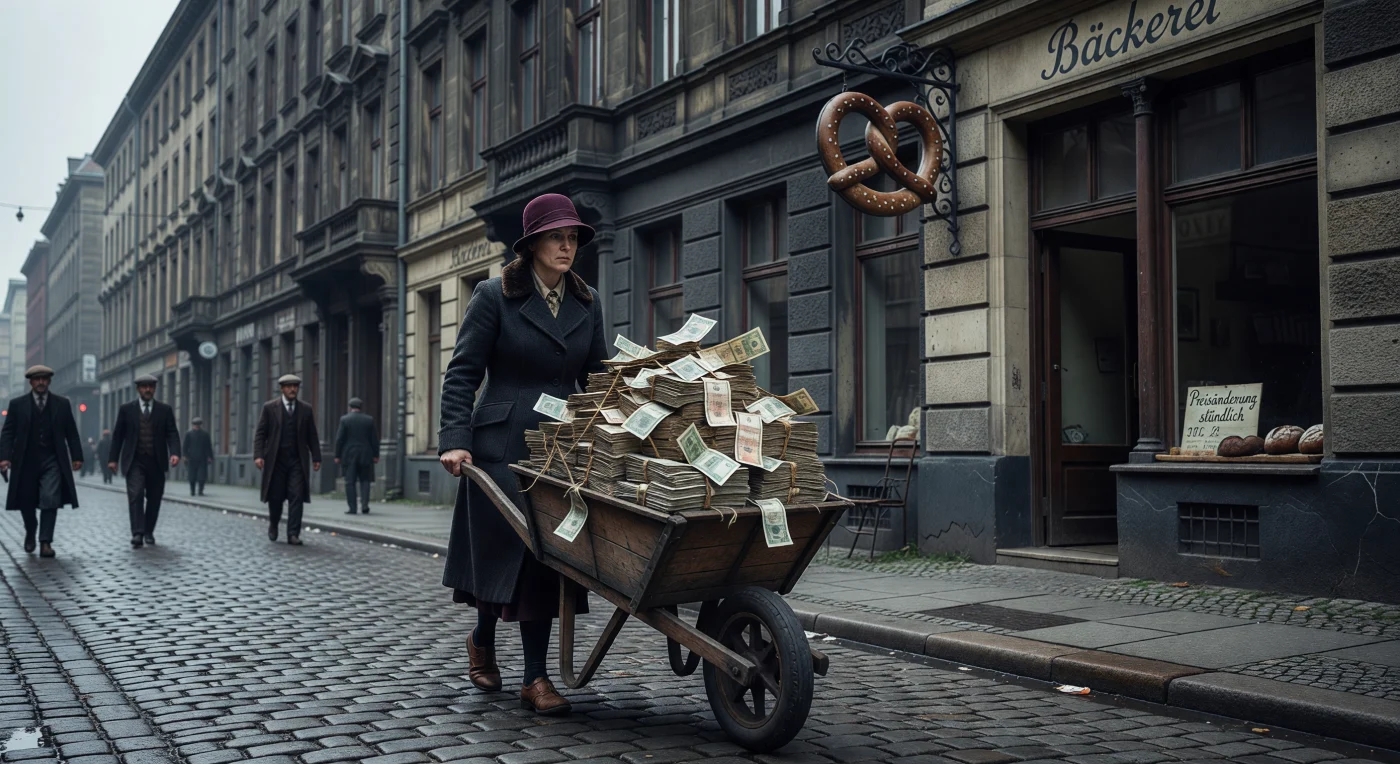 A weary woman navigates a damp Berlin street in 1923, pushing a wooden wheelbarrow laden with bundles of Papiermark banknotes to purchase basic provisions. This scene illustrates the peak of hyperinflation in the Weimar Republic, an economic crisis so severe that currency lost its value by the hour, requiring citizens to transport literal mountains of cash for simple goods like a loaf of bread. The contrast between the massive volume of currency and the nearly empty bakery window reflects the profound social and economic desperation that characterized Germany’s interwar years.
