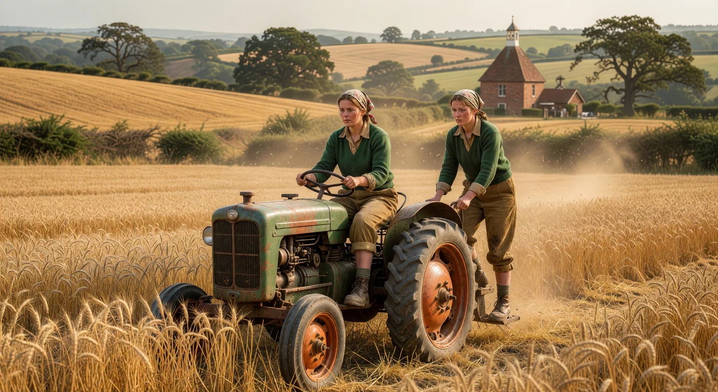 Two members of the British Women’s Land Army labor in a golden wheat field near a traditional Kentish oast house during the 1942 harvest. They are depicted operating a weathered Fordson Model N tractor, which features steel-spoked wheels necessitated by severe wartime rubber shortages. This scene illustrates the "Dig for Victory" campaign, highlighting the essential role of the "Land Girls" who replaced male laborers called to the front lines during World War II.