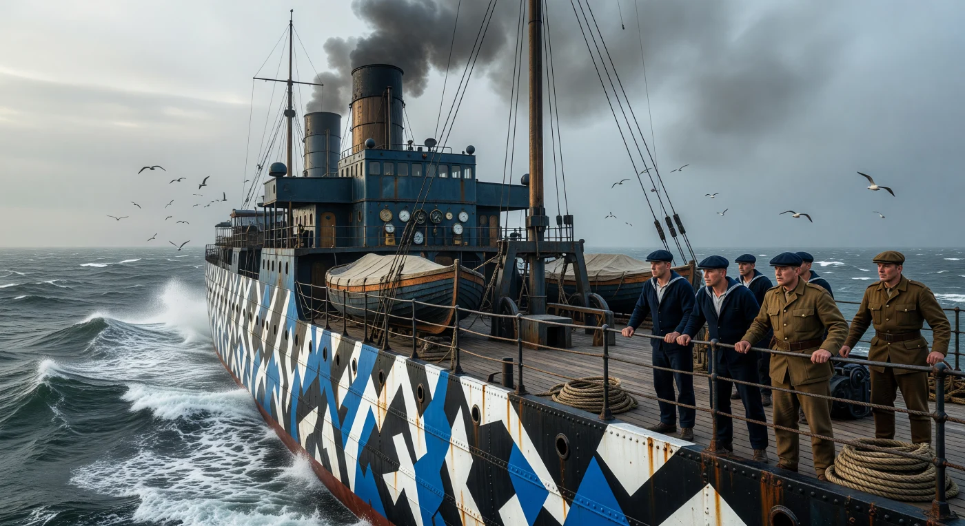 A massive troopship navigates the turbulent North Atlantic, its hull obscured by high-contrast "dazzle" camouflage designed to confuse enemy submarine rangefinders during the First World War. On deck, Canadian soldiers and Royal Navy sailors stand watch amidst the coal smoke and salt spray, representing the perilous journey undertaken by thousands of troops crossing from North America to the Western Front. This striking visual strategy transformed functional vessels into floating pieces of avant-garde art to survive the deadly U-boat threats of the era.