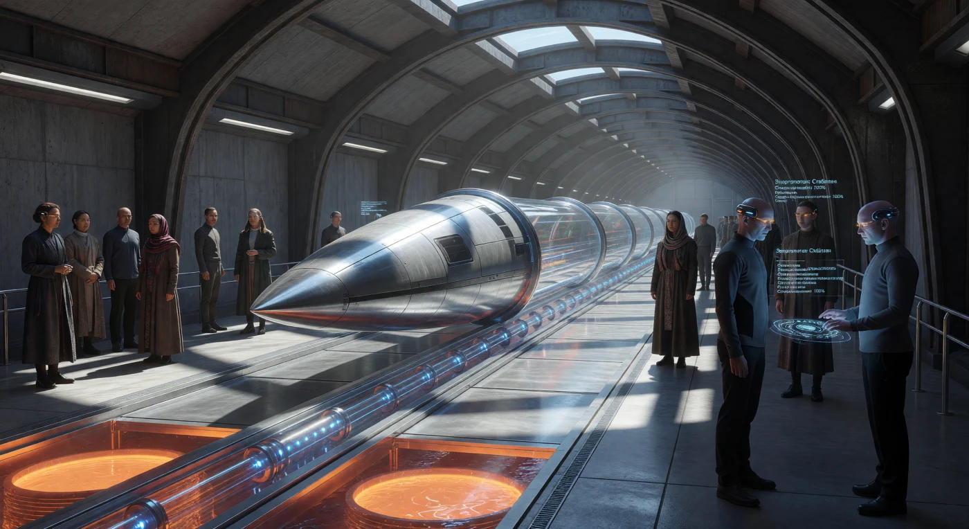 21世紀後半（2050〜2100年）の「拡張された黎明期」におけるユーラシア連邦の地下ターミナルでは、グラフェン強化真空チューブを滑走する超シベリア・リニアと、それを取り巻く多様な人類の分化が観察されます。足元の透過パネル越しにはp-B11核融合エネルギーを蓄えるアンチモン・マグネシウム液体金属電池が橙色の光を放ち、プラットフォーム上には神経リンクを持つ「先遣隊（ヴァンガード）」や未改造の「連帯主義者」といった、技術的適応の差が生んだ新たな社会的地層が形成されています。チタンと再生鋼が織りなす新構成主義の空間は、高度なアルゴリズム管理と物理的な堅牢さが同居した、この時代の極めて組織化された生存戦略を物語っています。