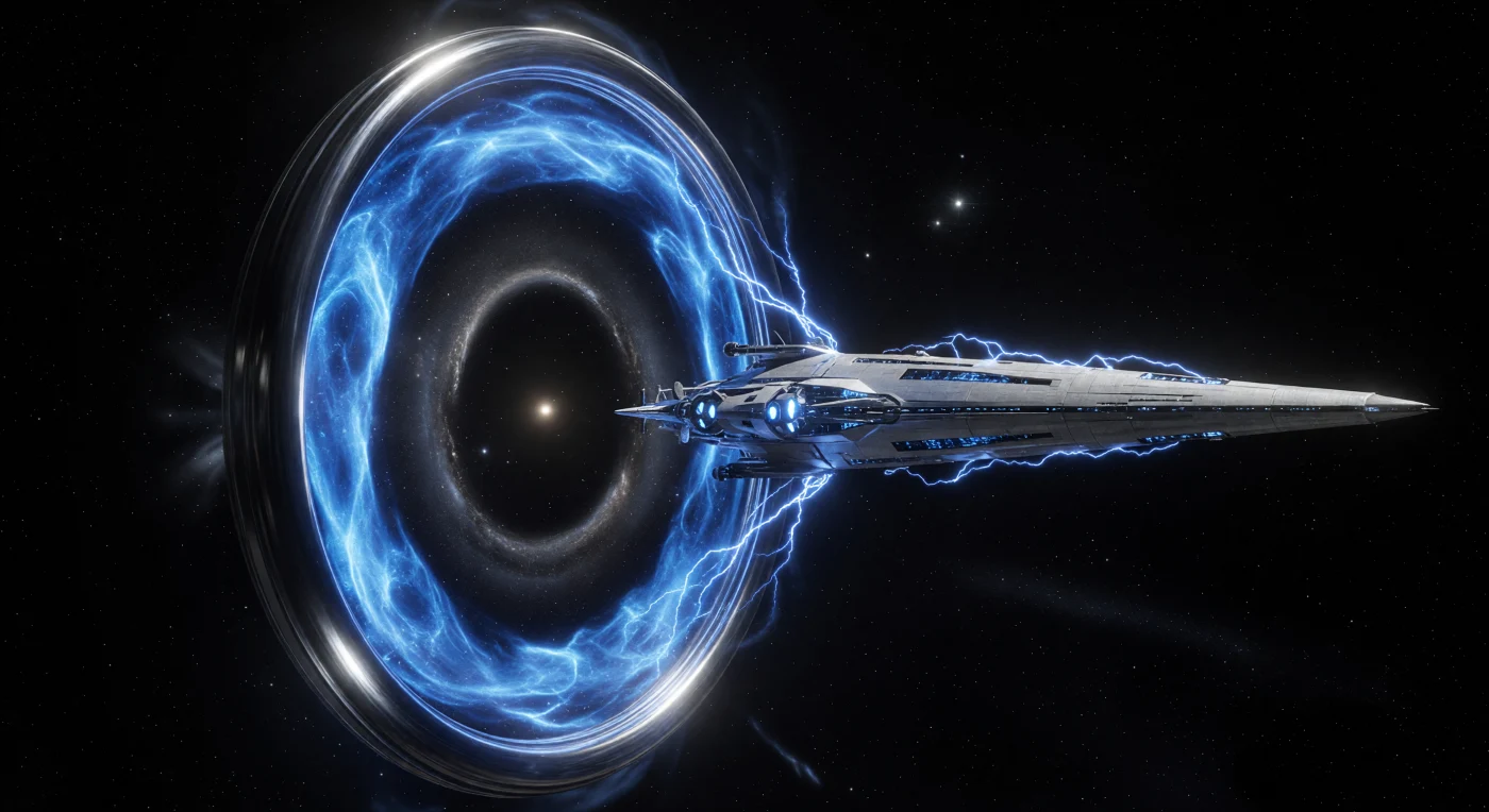 24世紀、「大分岐」と呼ばれる人類の進化的転換期において、星間探査船「USE ペレグリン」は推進剤を必要としない重力歪曲航法を実現しました。船体前方で回転する巨大なグラビメトリック・シャントは、内部の「奇妙な物質」により強力な重力場を生成し、空間を歪めてアインシュタインリングを形成しながら、船を深宇宙へと「自由落下」させています。この技術は、化学ロケットの時代に終止符を打ち、人類が地球というゆりかごを離れて真の星間種族へと変貌を遂げた、文明の決定的な分岐点を象徴しています。