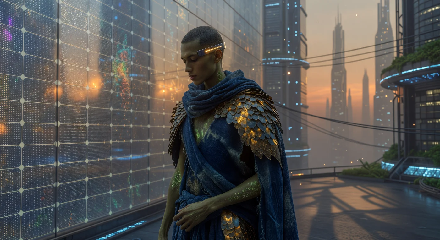 21세기 후반 '증강된 여명(2050~2100년)' 시기에 등장한 인류의 분화된 형질을 보여주는 이 초상은 고고도 수직 도시의 저중력 환경에 적응하여 가늘고 긴 사지를 갖게 된 '리-와일더(Re-Wilder)' 분파의 남성을 묘사합니다. 피하 광합성 패치로 인해 은은한 에메랄드빛을 띠는 그는 발효 쪽빛 염료를 입힌 천연 대마 망토 위에 21세기 중반의 항공 우주 폐기물인 폴리카보네이트 비늘을 덧대어 입음으로써 기술 문명과 원시적 생존주의의 결합을 상징적으로 보여줍니다. 배경의 나노 구조가 박힌 태양광 유리 너머로 보이는 탄소 포집 중인 대기와 거대 구조물들의 실루엣은 고도의 증강 기술을 통해 지구 생태계를 재구성하려 했던 인류의 과도기적 생존 전략을 생생하게 증언합니다.