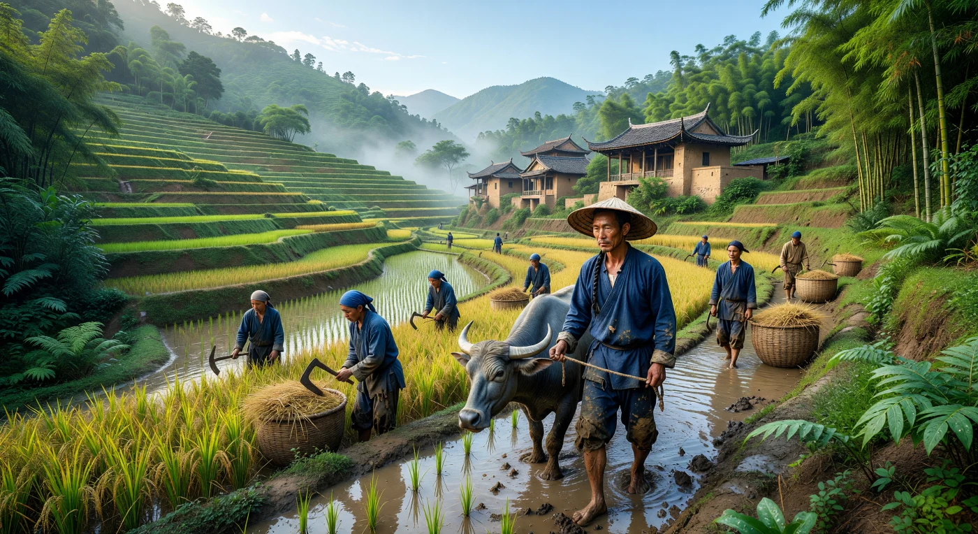 उन्नीसवीं सदी के अंत में युन्नान प्रांत की खड़ी पहाड़ियों पर बनी हानी चावल की छतों का यह दृश्य किंग राजवंश के दौरान ग्रामीण जीवन की एक जीवंत झलक पेश करता है। नील-रंजित सूती वस्त्र और पारंपरिक बांस की टोपियां पहने किसान अपने जल भैंसों के साथ इन दर्पण जैसे पानी से भरे खेतों में मेहनत कर रहे हैं। यह दृश्य न केवल दक्षिण चीन की कठिन भौगोलिक परिस्थितियों में कृषि की निपुणता को दर्शाता है, बल्कि उस काल की अनिवार्य 'मांचू चोटी' (queue) जैसी सांस्कृतिक पहचानों को भी ऐतिहासिक सटीकता के साथ उजागर करता है।